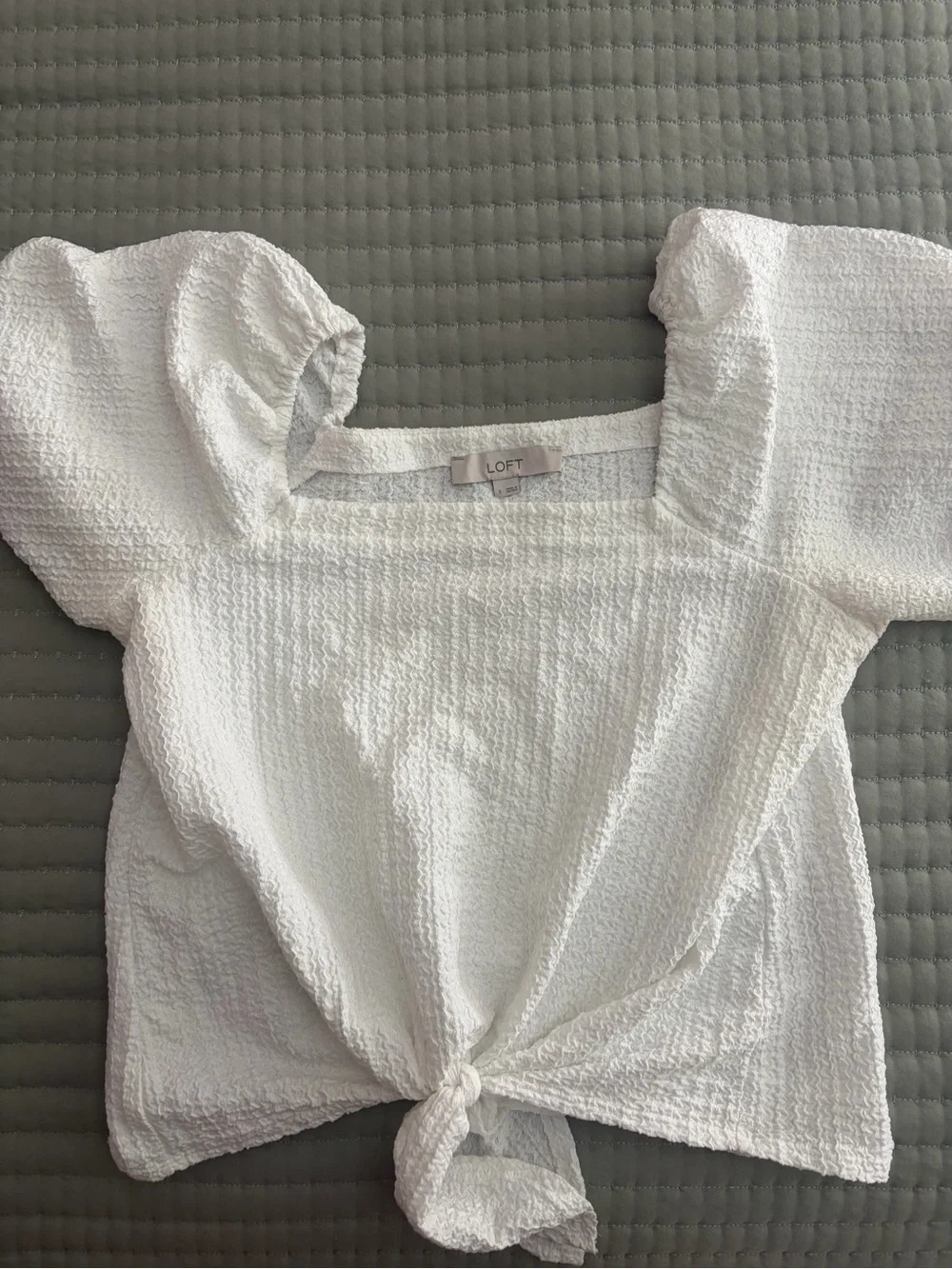 LOFT White Textured Tie-Knot Square Neck Puff Sleeve Top